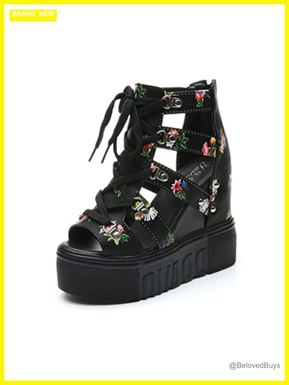 Goth Platform Wedge Sandals PU Leather Lace Up Ankle Strap Cutout Open Toe Fish